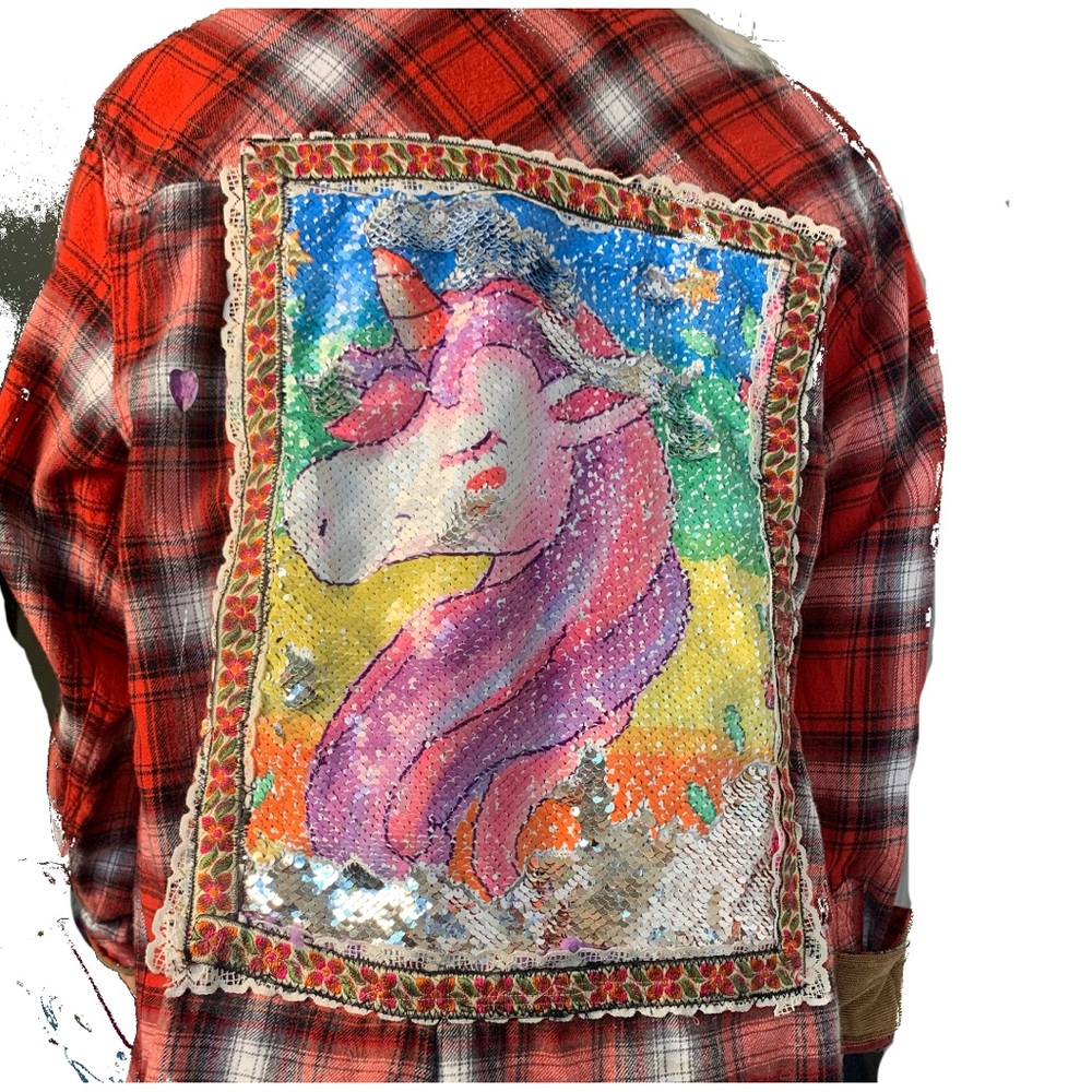Upcycled Vibrant Red Plaid Unicorn Sequin Shirt - Picture 3 of 11